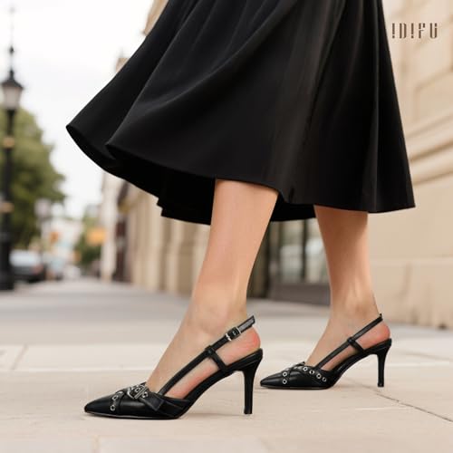 Image of IDIFU IN3 Slingback Kitten Heels for Women Stiletto Heel Closed Pointed Toe Pumps Buckle Straps Dress Shoes Sexy Prom Party Work Trendy Fashion Comfortable Pumps Dressy Shoes