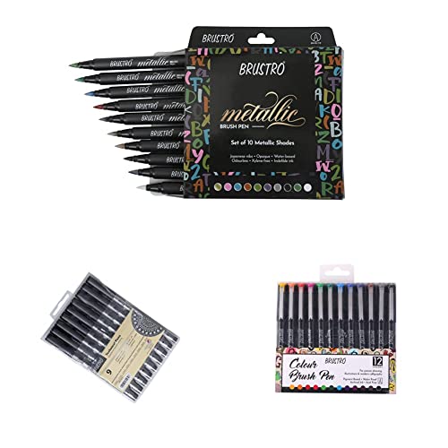 Image of BRUSTRO Metallic Brush Pens - Set of 10 Colors & Technical Pen (Pack of 9) & Colour Brush Pens Set of 12