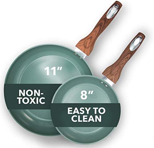 Phantom Chef Frying Pan Set | 100% Aluminum Nonstick Frying Pan Set With Nontoxic Ceramic Coating | Soft Touch Stay Cool Handle | PTFE PFOA Lead and Cadmium Free | 8 Inch and 11 Inch Fry Pan | Green