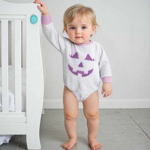 Baby Boy Girl Halloween Outfit Pumpkin Ghost Embroidered Sweatshirt Romper Stripe Waffle Long Sleeve Bodysuit Tops2