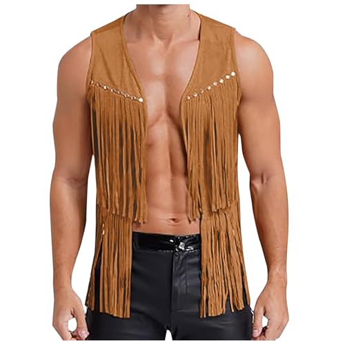 Men's Sleeveless V Neck Western Hippie Faux Suede Vest Fringe Trim Open Front Studded Cowboy Jacket Tassel Tops