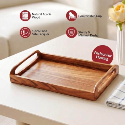 Image of Nestasia Wooden Serving Tray with Handles (36x22cm) - Acacia Wood Rectangular Brown Tray for Dining & Coffee Table | Platter for Serving Tea, Cakes, Snacks, Breakfast & Home Decor (Amber Brown)