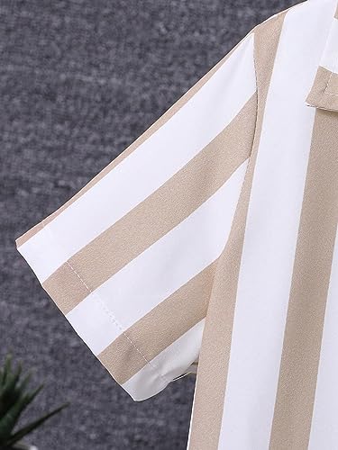 Image of OYOANGLE Boy's 2 Piece Outfits Tracksuit Short Sleeve Striped Button Down Blouse Shirt Top and Shorts with Pockets Khaki White 11-12Y