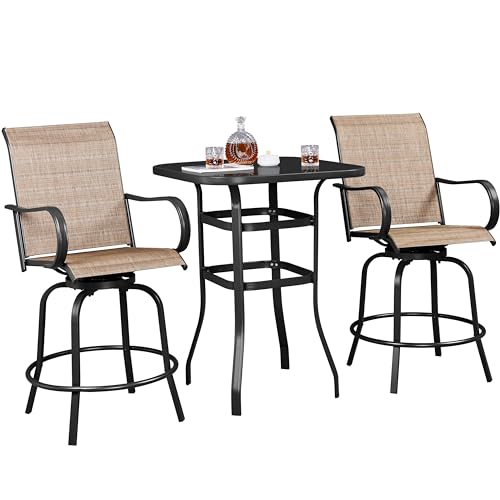 Yaheetech 3Pcs Outdoor Patio Bar Stools Set, Swivel Bistro Chairs with High Back and Armrest and 40.5" Height Metal Square Table All Weather Furniture Set for Cafes Yard Lawn and Garden