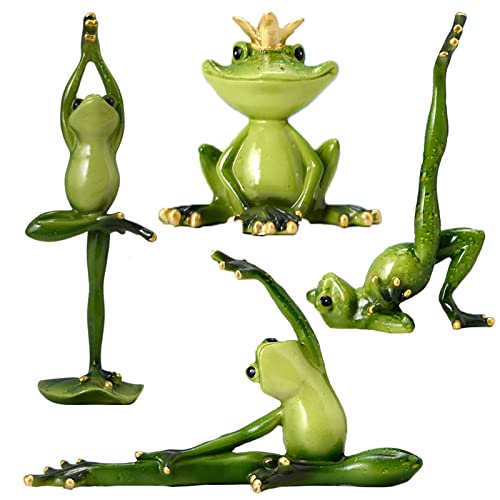 Syfunlv 4 Stücke 3D Yoga Frosch Statue,Harz Yoga Frösche Figurine,4 Verschiedene Yoga-Pose,Deko Frosch Figur sitzend in Yoga-Haltung, Lustige Kreative Desktop Ornament,für Home Office