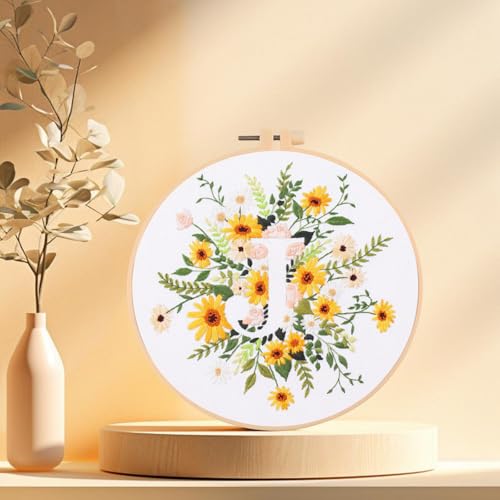 Image of IUHUI Embroidery Kit for Beginners Adults - 26 Floral Letters Easy Patterns, DIY Hand Stitching Embroidery Set with Hoop (Flower and Grass Letter J)