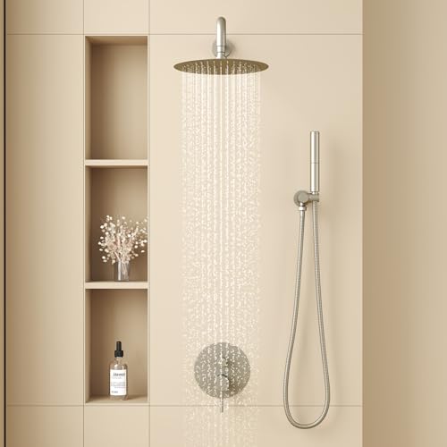 Image of BESy Shower System with 10 Inch Round Rain Shower Head and Handheld Wall Mounted, High Pressure Rainfall Shower Faucet Fixture Combo Set with 2 in 1 Handheld Showerhead for Bathroom, Nickel