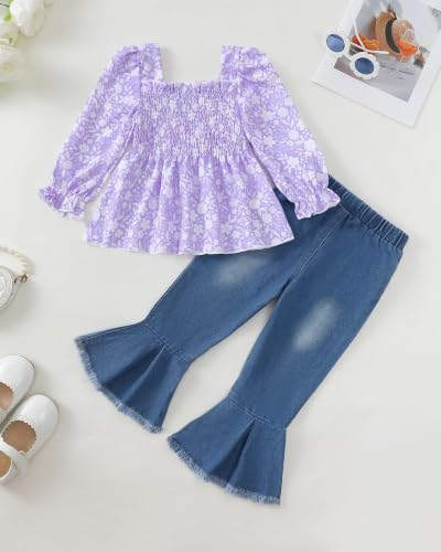 Image of Kucnuzki Toddler Kids Girl Clothes Long Sleeve Shirt Tops Baggy Jeans Cute Pants Set Baby Girl Outfit 2 Piece Clothing