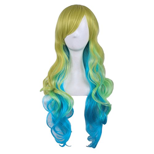 BERON 27.5” Long Wavy Yellow Gradient Green to Blue Wigs Full Colorful Costume Party Anime Cosplay Wigs with Wig Cap (3)