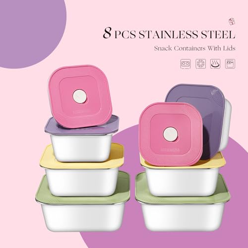 Image of 8-Piece Stainless Steel Food Storage Containers Set with 4 Colorful Lids - Airtight & Leakproof for Meal Prep, Lunch, Leftovers - BPA-Free, Dishwasher Safe - Durable Kitchen & Office Organizers