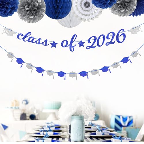 Image of Navy-Blue White-Silver Party-Decoration Graduation Banner - 14pcs Kits Cap Garland Streamers, Royal Paper Tissue Pom Poms Flowers Fans Honeycomb,Class Of 2026 College High School Grad Decor Hugfond