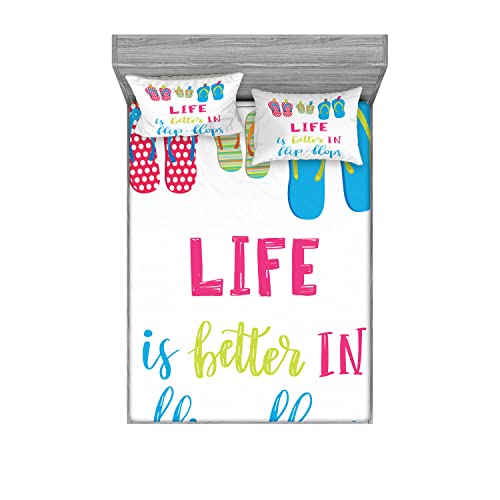 Ambesonne Summer Fitted Sheet & Pillow Sham Set, Life is Better in Flip Flops Message with Polka Dotted and Striped Hanging Slippers, Decorative Printed 6 Piece Bedding Decor Set, King, White