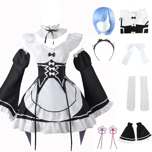 IMDAET Rem Ram Re Zero Cosplay Costume Maid Dress Outfit, Women Anime Cosplay Lolita Fancy Dress with Wig and Headwear Sets (Rem With Wig, L)