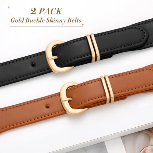 WHIPPY 2 Pack Women Skinny Elastic Belt Fashion Gold Buckle Stretchy Thin Waist Belts for Dresses2