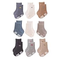 J Poqobog Baby Crew Socks,Grips Combed Cotton Socks Toddler Non-Skid for Girls,Boys Non Slip/Anti Skid 9-Pack (12-24 Months, Boys - 9 Pairs)