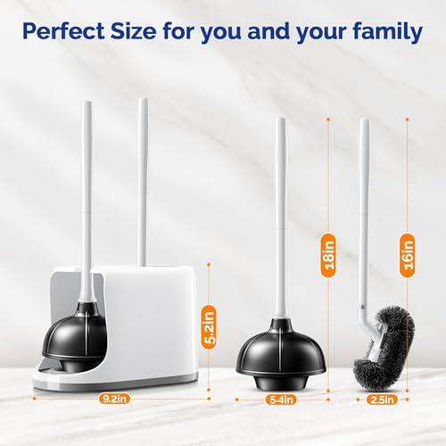 Image of HAMITOR Toilet Plunger and Brush Set for Bathroom Cleaning with Extented Handle - Heavy Duty Toilet Plunger Combo Accessories with Caddy Stand Holder for Small Space - White,2 Sets