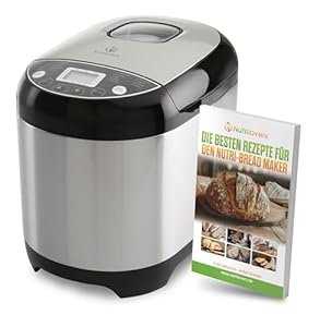 Nutrilovers NUTRI-BREAD-MAKER Edelstahl Brotbackautomat mit 19 Programmen, 3 Bräunungsstufen, Timer, 3 Brotgrößen (500g, 750g, 1000g) inkl. Rezeptbuch