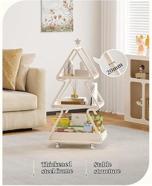 3-Tier Metal Tree-Shaped Storage Cart with Wheels Tall Lockable Side Table Display Shelf Organizer for Living Space Long-Lasting(White)-l9dq1ezu