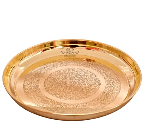 Image of 6 Piece Pure Brass Dinner Set with 12 Inch Thali 1 Glass 2 Bowls 1 Sweet Dish 1 Spoon Gold Finish for Dining, Pooja and Gifting