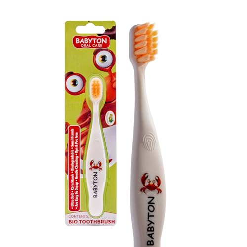Babyton Escova de dentes bio, ecológica, cerdas macias para bebés, cabo ergonómico, material biodegradável de espiga de milho (caranguejo)