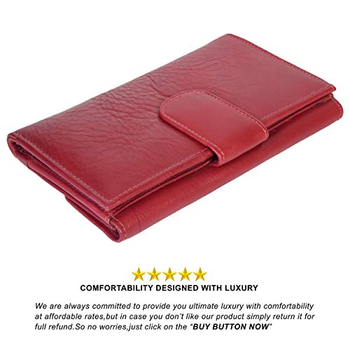 Leatherboss Genuine Leather Clutch Party Credit Debit Card Holder Wallet Purse with Coin Pocket for women, Red3