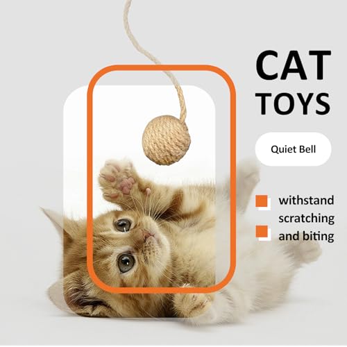 READY TO PETS 2 Inch Cat Toy Ball with 10 Inch Sisal Rope Wrapping & Quiet Bell - Natural Sisal Material for Endless Feline Fun
