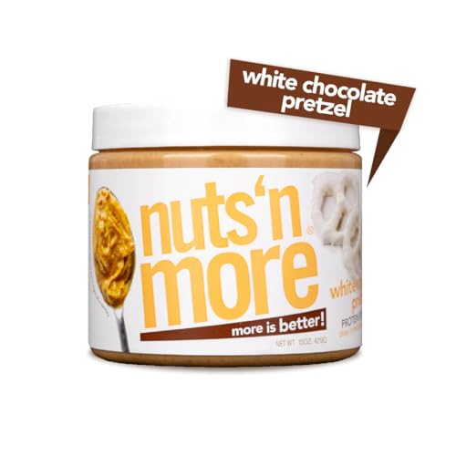 Nuts ‘N More White Chocolate Pretzel Peanut Butter Spread, Added Protein All Natural Snack, Low Carb, Low Sugar, Non-GMO, High Protein Flavored Nut Butter (15 oz Jar)