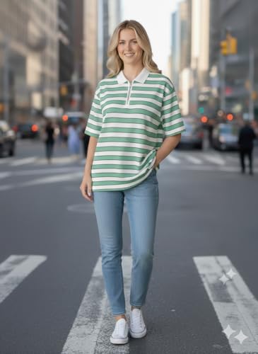 Image of Mack Jonney Women's Striped Polo T-Shirt | Half Zip Collar | Half Sleeve Cotton Casual Top | Relaxed Fit-M7496