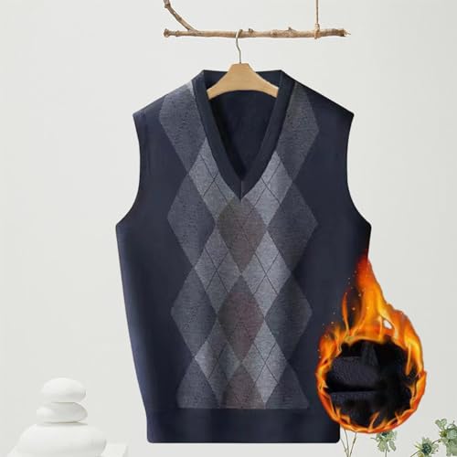 Rhombus Patterned Sweater Vest Sleeveless Men Fall Winter Print V Neck Knitted Thick Warm Sweater Navy Blue L3