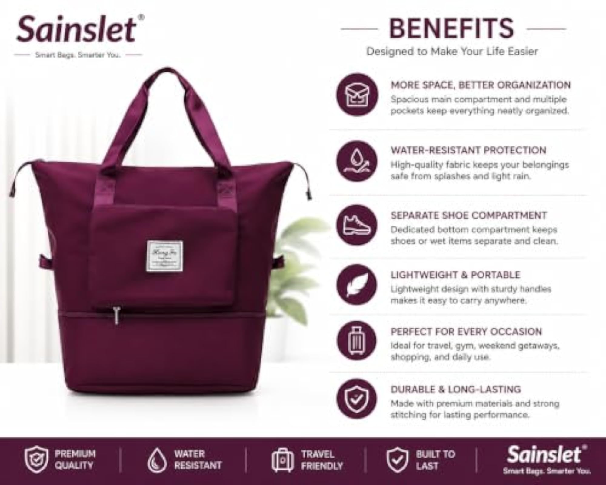 Large Capacity Foldable Travel Tote Bag with Dry Wet Separation