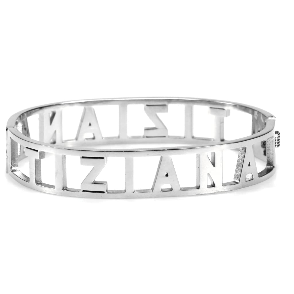 Flowers Bracciale Rigido Acciaio con Nome Vari e Zirconcini Sacchettino in Tessuto Scritta Nome ricoperta di Strass Brillantissimi Bracciale a Manetta Donna Chiusura a Molla Idea Regalo