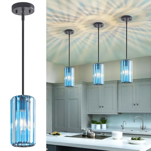 Image of Modern Crystal Pendant Light Mini Light Blue Chandeliers Adjustable Pendant Lights Fixture for Kitchen Island Dinning Room Corridor Bedroom(Light Blue 3-Pack)