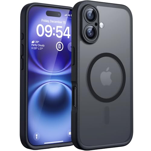TOCOL Magnetic for iPhone 16 Case, Upgraded Full Camera Protection, Compatible with Magsafe, Drop Protection, Translucent Matte Back Bumper Phone Cover 6.1-Inch(Black)