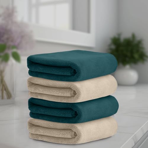 Image of HOUSSE Microfiber Face Towels | Ultra Absorbent, Odour-Free, Quick Dry 550 GSM Face Towel for Home, Gym, Travel, Running and Personal Use | 30x30 cm | Jungle Green & Beige (Pack of 4)
