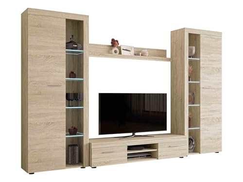 Rango XL Ensemble de salon moderne, mur de placard, mur multimédia, vitrine, meuble TV bas (chêne...