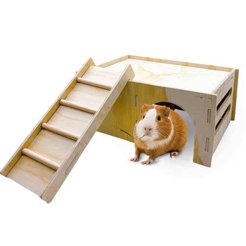 Hamiledyi-Wooden-Guinea-Pig-House-2-Chamber-Hideout-Castle-with-Ladder-for-Chinchilla-Hedgehog-Ferret-Squirrel-Dwarf-Rabbit-Bunny-Hamster