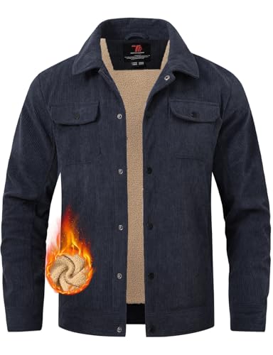 Image of TBMPOY Men's Corduroy Jacket Fleece Sherpa Winter Trucker Work Cargo Coat | Warm,Thick,5 Pockets,Turn-down Collar,Casual,Travel