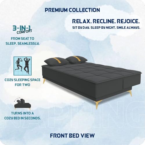 Image of Adorn India Premium New Alyssum 3 Seater Sofa Cum Bed 4X6 Velvet Suede with 2 Cushions (Color Dark Grey) and Suitable for All Indoor, with 3 Years Warranty