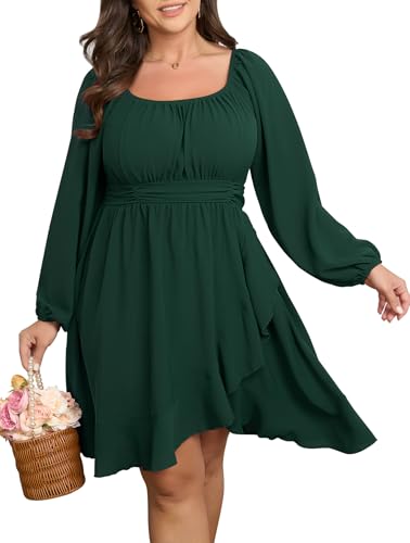 SCOMCHIC Women Plus Size Fall Dresses Long Sleeve Square Neck Ruffle Hem Flowy A-Line Cocktail Wedding Guest Mini Short Dress Emerald Green