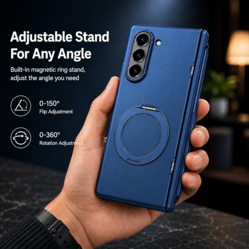 Image of amazon basics Armor Case for Samsung Galaxy Z Fold 8 Ultra with 360 Rotating Ring Stand, Built-in Screen Protector, Hinge Protection, and Included Stylus Pen (Matte Blue)