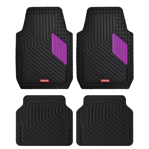 Image of Coverado Car Floor Mats Full Set - Heavy-Duty PVC Floor Mats with Purple Metallic Heel Pad, All-Weather Protection for Front & Rear, Non-Slip Backing, Easy-Clean Interior Liners