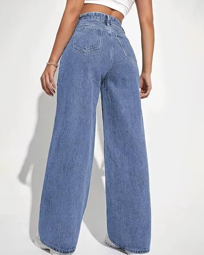 HENGAO Women's Wide Leg Jeans - High Waisted Washed Denim Pants, Casual Loose Fit Boyfriend Style with Pockets3