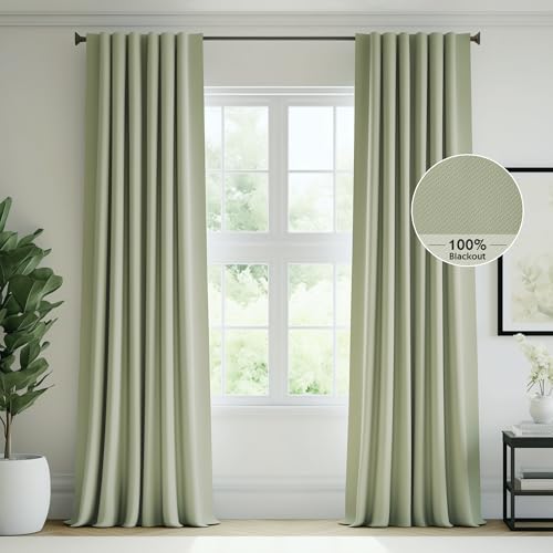 Image of FMFUNCTEX 100% Blackout Curtains for Bedroom, Sage Green Curtain 108 Inches Long Drapery Thermal Insulated Curtains for Living Room, Black Out Drapes Rod Pocket Room Darkening 2 Panels