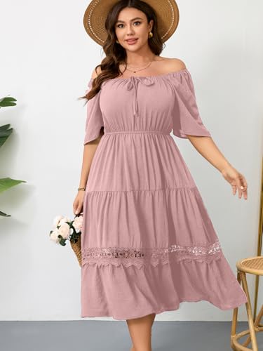 Image of RWJ Women's Plus Size Maxi Dress Short Sleeve Square Neck Flowy A-Line Lace Trim Flutter Party Casual Off Shoulder Dresses