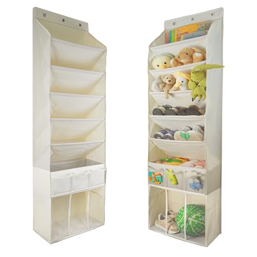Image of 3in1 Over The Door Shoe Organizer with 5 Slanted Compartments,Removable Storage Bin & Transparent Pockets,Thickened Waterproof Oxford Fabric Shoes Rack for Shoes,Boots,Toys,Daily Essentials. (Beige)