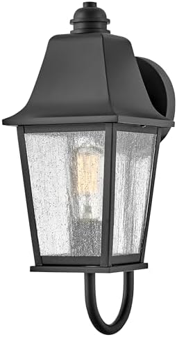 Hinkley Kingston Single Light Wall Mount Outdoor Lantern, Oversized Sweeping Roof and Bottom Arm, Aluminum, Clear Seedy Glass, Black Finish