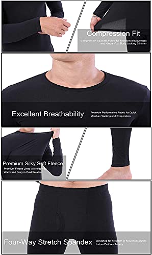 Lote de 2 camisetas térmicas para hombre, cuello redondo, manga larga, ropa interior, alta cálida, ultra suave, base capa, Negro , 4XL