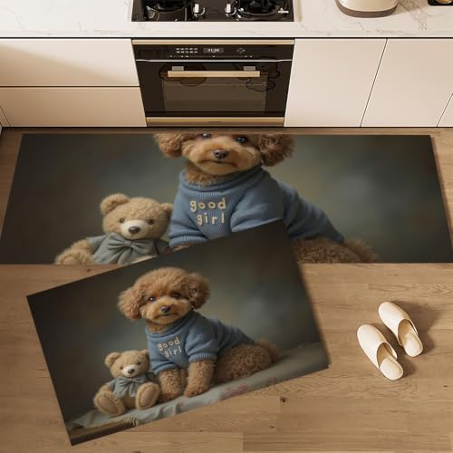 KRSAZCM Caniche Tapis de Cuisine, Brun Tapis Cuisine Antidérapant Lavable, Photographie Animalière Paillasson Lavable Décoratif Salon Couloir -...