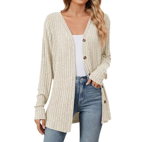 Cardigan Mujer Manga Larga Jersey Punto Mujer Largos Cómodo Abierto Chaqueta De Punto Larga Ligero Tallas Grandes Chaqueta Cárdigan Invierno Suéteres con Bolsillos(Beige,XXL)