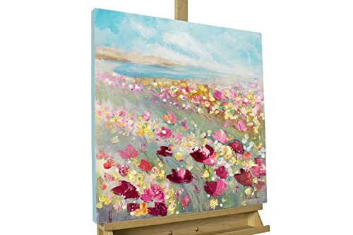 KunstLoft® Tableau Peinture sur Toile à l'huile 'Herbaceous Poppy' 60x60cm | Tableau Acrylique Peint à la Main | Toile sur Cadre Bois | Abstrait Bleu Rouge Fleurs Champ Cover
